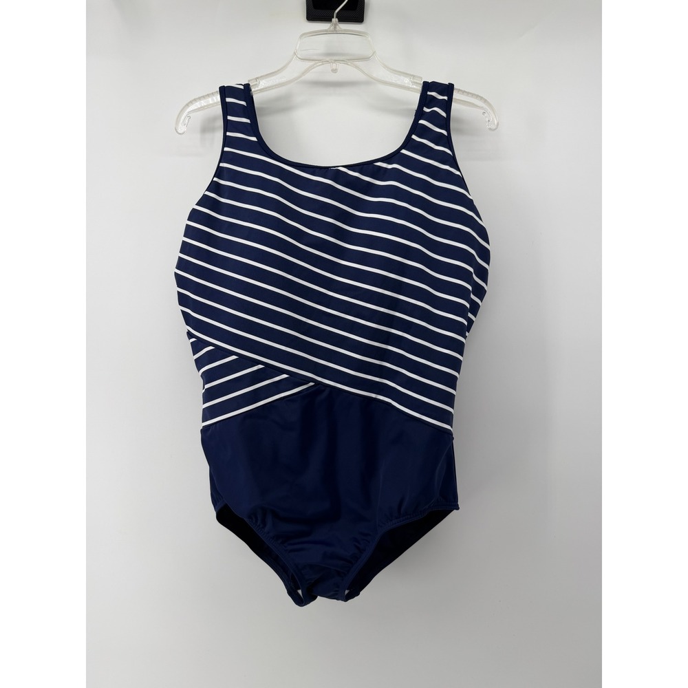 Lands End Womens 18W Navy Blue White Striped Surplice One Piece Swimsuit